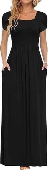 Women's Maxi Dresses with Pockets Petal Short Sleeve Square Neck Casual Long Dress 2026