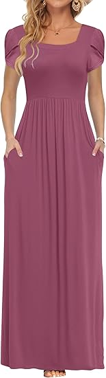 Women's Maxi Dresses with Pockets Petal Short Sleeve Square Neck Casual Long Dress 2026