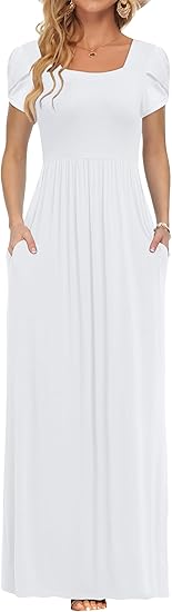 Women's Maxi Dresses with Pockets Petal Short Sleeve Square Neck Casual Long Dress 2026