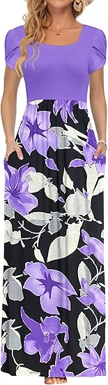 Women's Maxi Dresses with Pockets Petal Short Sleeve Square Neck Casual Long Dress 2026
