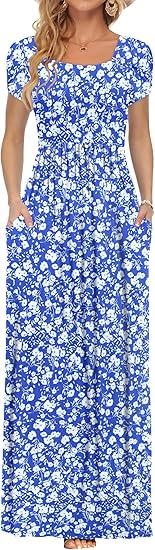 Women's Maxi Dresses with Pockets Petal Short Sleeve Square Neck Casual Long Dress 2026